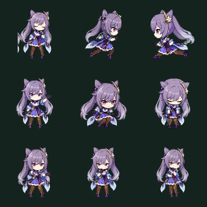 刻晴 / Keqing: contact sheet of actual frames from populated standard action rows