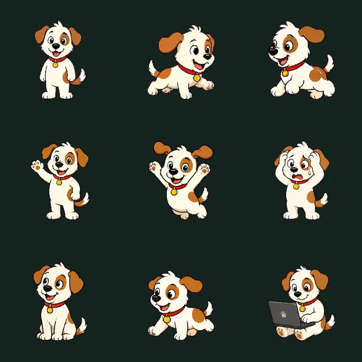 Happy Pup: contact sheet of actual frames from populated standard action rows