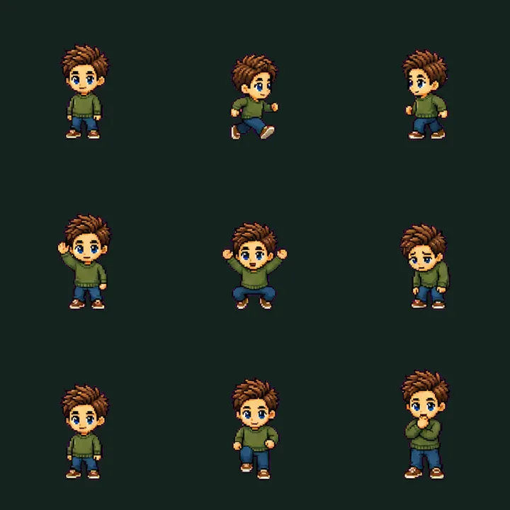 Pixel Coder: contact sheet of actual frames from populated standard action rows